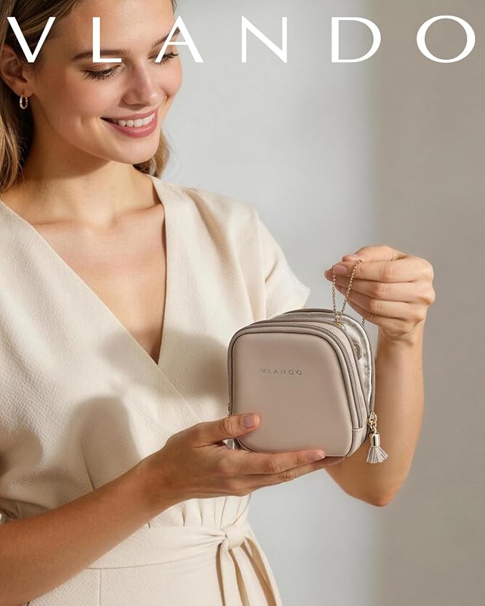 VLANDO 2-Layer Travel Jewelry Case for Necklaces,Rings,Earrings | Storage with Velvet Lining,Keeps Small Jewelry Separated for Travel,Carry-On Totes,Daily Use,Toffee