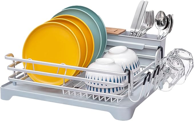BRIAN & DANY Aluminum Dish Drying Rack, Dish Racks for Kitchen Counter, Dish Drainer with Removable Cutlery Holder & Cup Holder, 16.5" L x 11.8" W, Light Grey