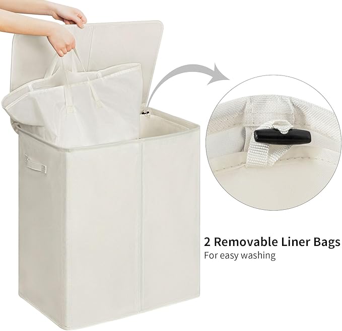 WOWLIVE 140L Double Laundry Hamper 2 Section with Lid and Removable Bags | Divided Laundry Basket, Large Dirty Clothes Hamper with Handle, Collapsible Laundry Storage for Dorm Room, College, Beige