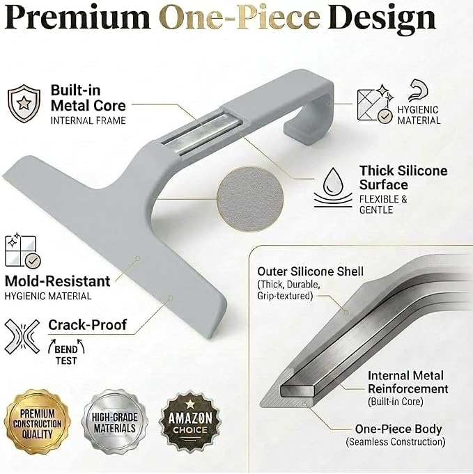 Bathroom Glass Shower Door Squeegee, Silicone & Metal, Gray, 10" W x 9.2" L | Effortless, Time-Saving, Rustproof, Flexible, High Quality, Efficient, Cost-Effective, Multi-Functional, Wear-Resistant