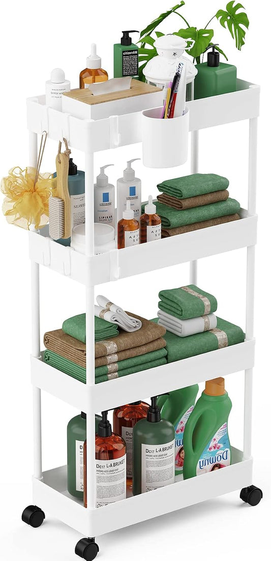 LEHOM Slim Rolling Storage Cart - 4 Tiers Bathroom Organizer Utility Cart | Slide Out Storage Shelves Mobile Shelving Unit for Kitchen, Bedroom, Office, Laundry Room, Small Narrow Spaces (7.1" W+White)