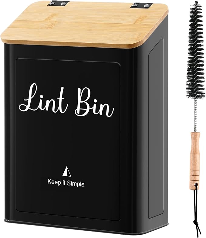 SUBEKYU Magnetic Lint Bin for Laundry Room Organization and Storage,Black | Wall Mounted Metal Lint Box Holder Trash Can with Bamboo Lid for Dryer,Lint Basket for Laundry Room Decor