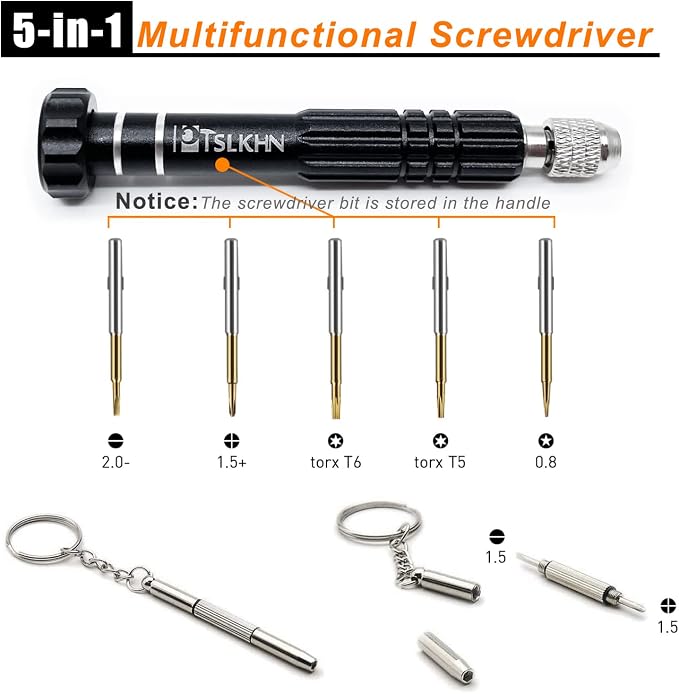 PTSLKHN Eyeglass Repair Kit, 5-in-1 Multifunctional Small Screwdriver, S2 Steel Eyeglass Screwdriver Kit for Eyeglass, Sunglasses, Electronics, Cellphone, Jewelry and More (Black 5in1)