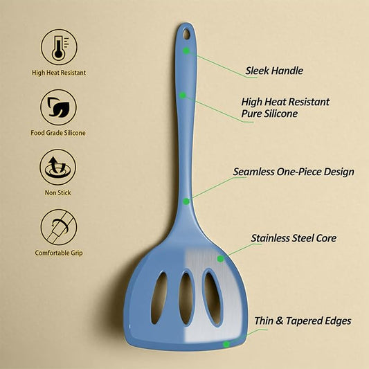 Silicone Pancake Spatula Turner with Lengthened Handle& Seamless Design, Heat Resistant Slotted Flipper for Nonstick Cookware, Large Flexible Kitchen Utensils for Egg, Pancake, Burger, Slotted Blue