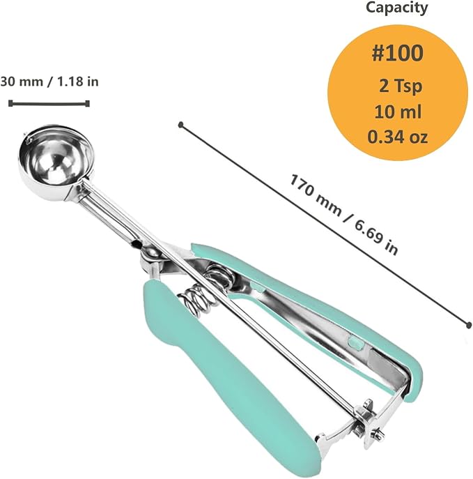 Cookie Scoop, Ice Cream Scoop, 2Tsp/10ml/0.34oz Cookie Scoops for Baking, 18/8 Stainless Steel Cookie Scooper for Baking, Mini Cupcake Scoop, Cookie Dough Scoop with Non-slip Grip (Mint)