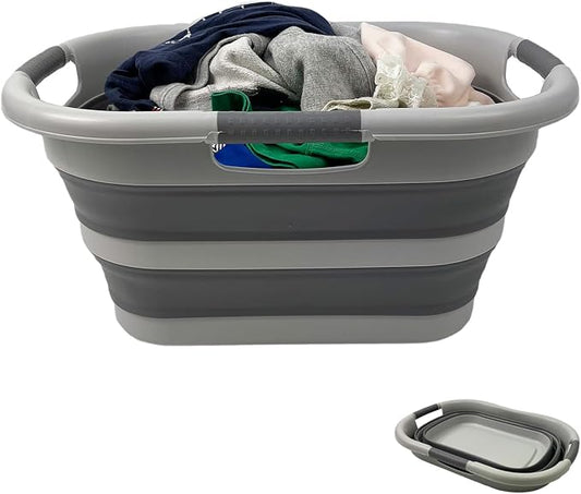 SAMMART 30L (7.9 gallon) Collapsible Plastic Laundry Basket - Foldable Pop Up Storage Container/Organizer - Portable Washing Tub - Space Saving Hamper/Basket (1, Grey/Deep Grey)
