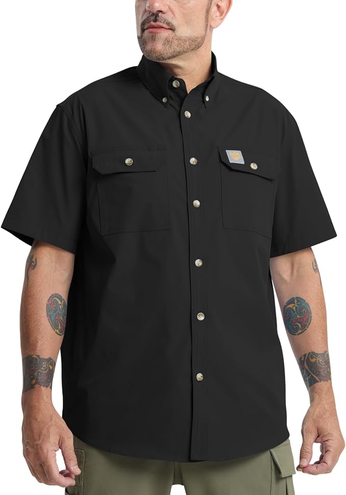 Mens Regular Fit Work Utility Shirt Midweight Short Sleeve Work Wear | Midweight stretch work shirt with reflective trim, 2 secure chest pockets, moisture-wicking comfort, easy-care fabric