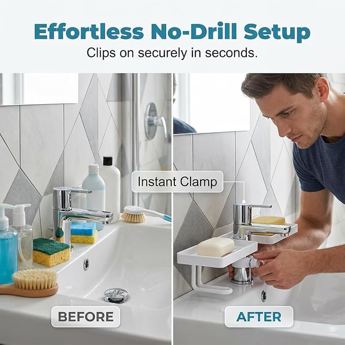 2026 New No-Drill Kitchen Sink Sponge Holder, Over-Faucet Storage Shelf with Drain Rack Organizer (White)