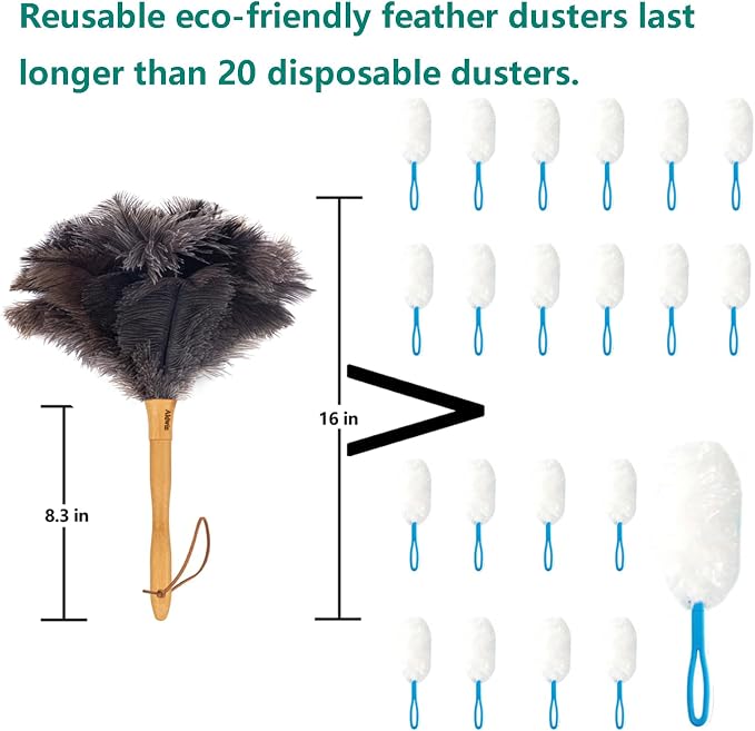 Genuine Ostrich Feather Duster with Wood Handle, 16 inch Gray | Aldwin Fluffy Natural Reusable Duster, Eco-Friendly Handheld Cleaning Duster for Car, Home, Office and Kitchen