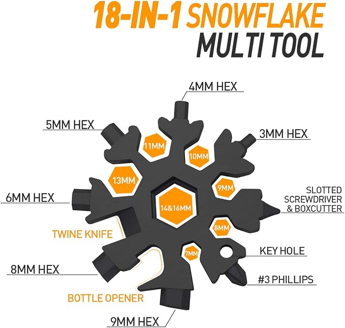 Gifts for Men 18-in-1 Snowflake Multitool, Anniversary Birthday Gift, Black | Snowflake Multitool, Gifts for Men Dad Husband Him, Camping Essentials Cool Gadgets Tool, Christmas Stocking Stuffers for Men