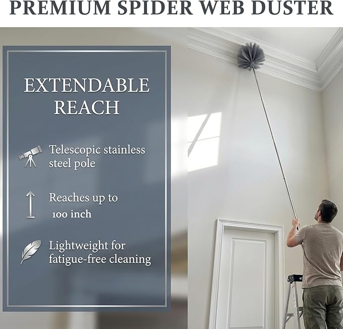 Ceiling Fan Cleaner Duster, Cobweb Duster with Extension Pole, Washable and Reusable Microfiber Duster Set for Cleaning Ceiling Fan, High Ceilings, Walls, Bookshelves, Window Door Top, Cobwebs (Gray)