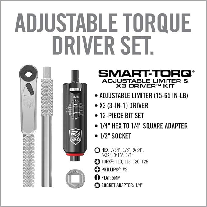 Real Avid Smart-Torq & X3 Driver Kit - Adjustable Limiter 15-65 In-Lbs, 3-in-1 X3 Driver Ratchet, T-Handle, Screwdriver, 12 Bits in a Compact Case
