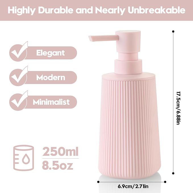 YAUKPH Small Soap Dispenser for Bathroom and Kitchen Matte Pink for Girls | Modern Farmhouse Striped Style Plastic Hand Soap Dish Soap Dispenser with Pump