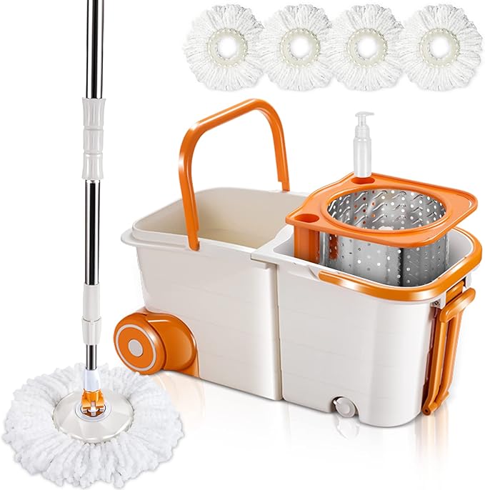 Masthome Mop and Bucket with Wringer Set, Easy Wring Spin Mop and Bucket with Wheels, 51" Stainless Steel Handle & 4 Microfiber Replacement Refills, Wet Dry Mop for Floor Cleaning