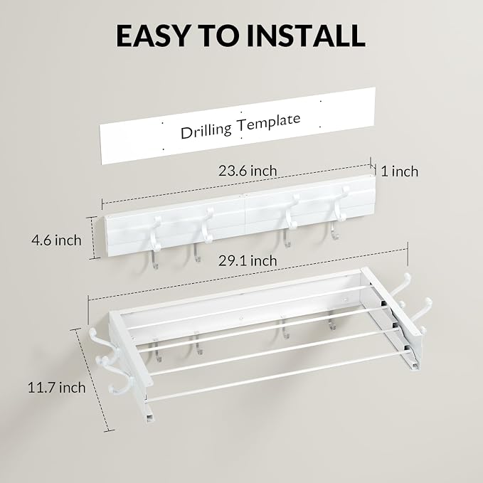 BAKON Wall Mounted Foldable Clothes Drying Rack - Indoor Outdoor Laundry Drying Rack with 4 Hooks & 4 Poles, Space Saving Concealed Design for Storage (23.6"【Upgrade】)