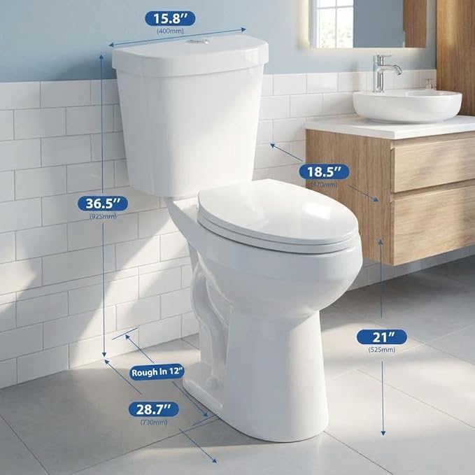 Two-Piece Toilet, 21" Comfort Height Elongated Bowl with 1.1/1.6 GPF Dual Flush, ADA Compliant, 12" Rough-In, Senior-Friendly Bathroom Solution in White