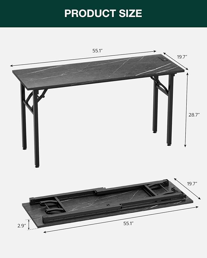 Frylr Small Folding Computer Desk – 55.1 Inch Portable Table for Craft and Study, Lightweight Desk for Small Spaces, Foldable Laptop Table Built-in AC/USB Outlets for Convenience, Marble Greige