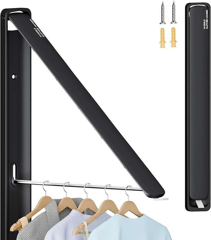 Folding Clothes Hanger Rack Wall mounted for Laundry Clothes Drying Rack | Foldable Hanger Rack Laundry Hanger Dryer Rack, Easy to Install, Closet Storage Organization, Space Saving Aluminium, Black