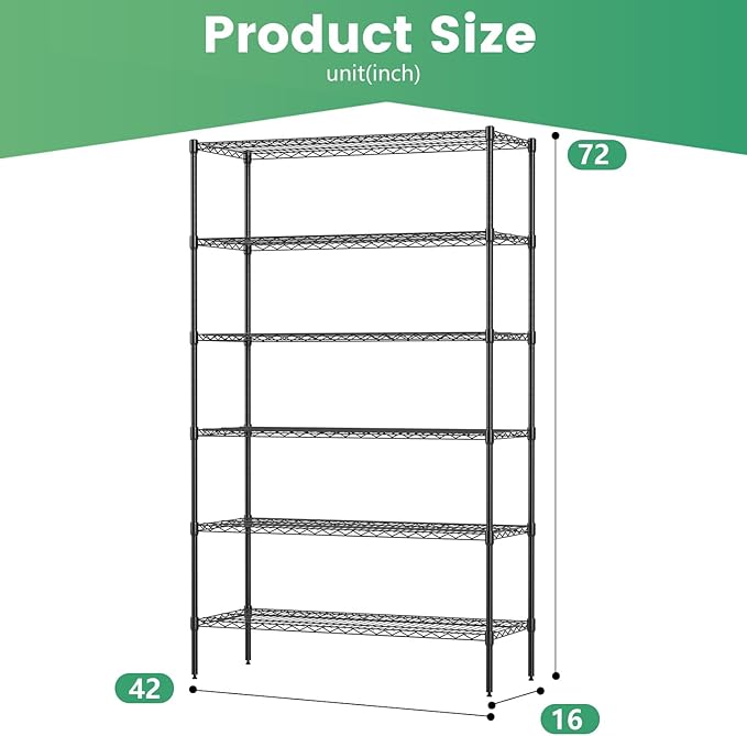 FDW 16" D×42" W×72" H Wire Shelving Unit Commercial Metal Shelf with 6 Tier Adjustable Layer Rack Strong Steel for Restaurant Garage Pantry Kitchen Garage，Black