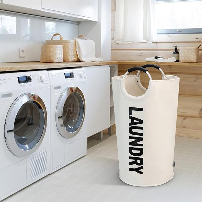 DOKEHOM 90L Large Laundry Basket Bag, Collapsible Tall Hamper, Beige | Freestanding tall washing bin & foldable laundry bag. High-capacity clothes storage basket with durable sturdy handles