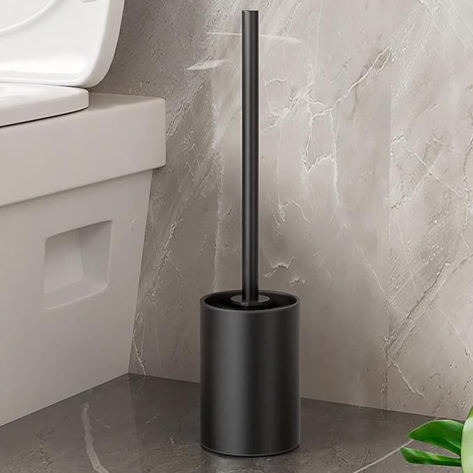 Stainless Steel Toilet Brush & Holder Set, Black, Silicone Bristles, Bathroom Cleaning Tools