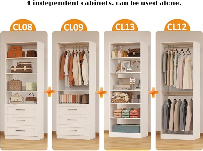 Closet System with 4 Sets, 8-21FT Closet Organizer Systems with 6 Drawers & 7 Hanging Rods & Adjustable Shelves, Walk in Closet Standalone Closet System Modular Closet System Set White