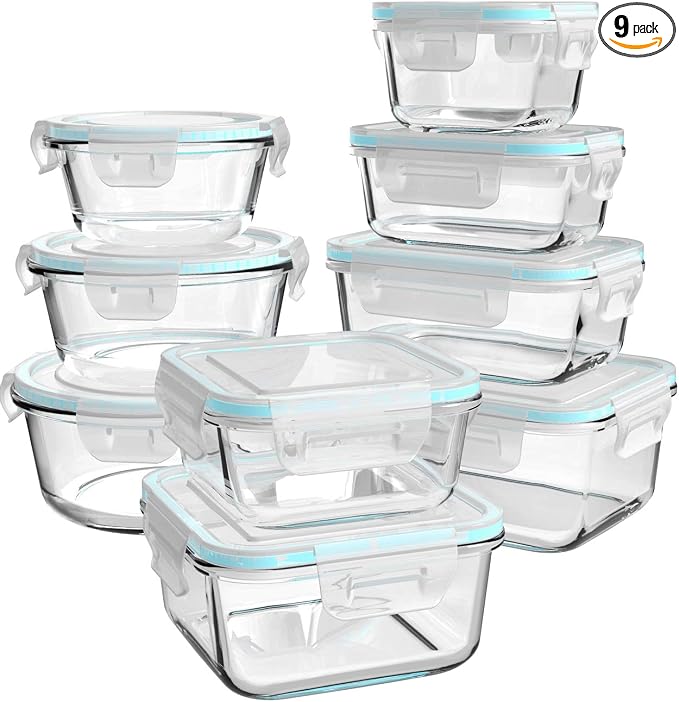 AILTEC Glass Food Storage Containers with Lids, [18 Piece] Glass Meal Prep Containers Set, Airtight Leak Proof, Oven Freezer Dishwasher Safe, BPA Free (9 Lid & 9 Container)