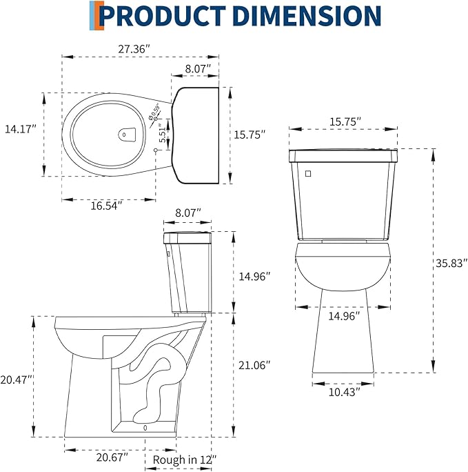 ADA Height 21" Round Two-Piece Toilet with Slow-Close PP Seat – Upgraded Power Flush, Single Side Handle, Includes Tank & Complete Installation Kit