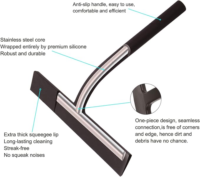 Silicone Shower Squeegee, Black, 9 inch | All-Purpose, For Shower Glass Door, With Hook, Household Cleaner Tool