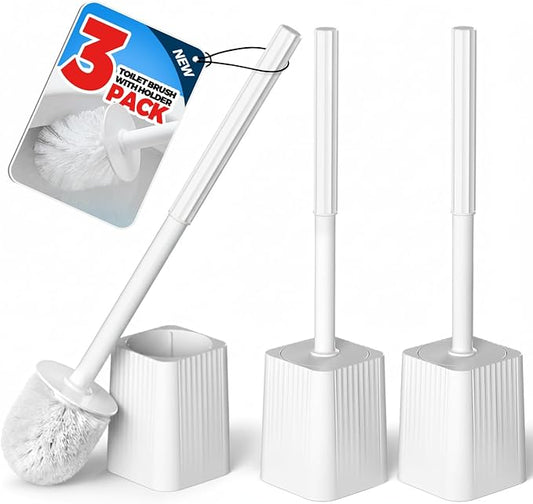 FORASTO 3Pack Toilet Bowl Brush and Holder Set - Toilet Scrubber Brush,Cleaning Brush,Bathroom Decor,Household Essentials,Cleaning Supplies,Home Essentials,White | Plastic & Bristles, 3-Pack Brush Combo, Drip-Free Holder, Bathroom Corner Storage, White...