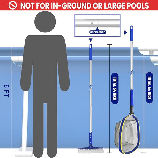Poolvio Swimming Pool Cleaning Kit, 14'' Brush Head & 50'' Telescopic Aluminum Pole with Fine Mesh Skimmer Net - Perfect for Above Ground Pools, Spas, Hot Tub Fountains Blue (PK0140)