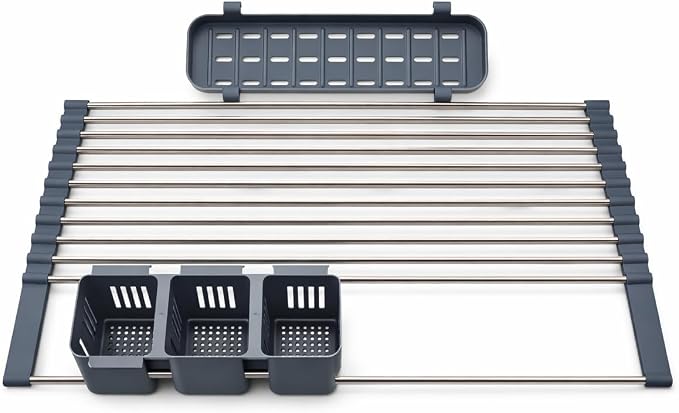 Expandable 304 Stainless Steel Roll Up Dish Drying Rack Over the Sink, Foldable Kichen Sink Drainer, Heat Resistant Space Saving Design