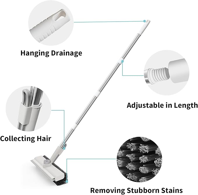 Floor Scrub Brush with Long Handle, 3 in 1 Scrape and Heavy-Duty Stiff Bristle Scrubber Brush for Cleaning Shower Bathroom, Patio, Pool, Garage, Kitchen, Wall and Deck (White, 1 Pack)