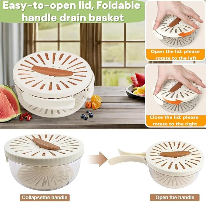 2 Pcs Multipurpose Drain Basket with Lid & Foldable Handle,2 in 1 Draining and Preservation Basket,Fruit Strainer Container with Lid for Fridge Freshness,Outdoor Picnics(1QT+1QT)