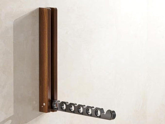 Natural Wood Folding Clothes Hanger Rack for Laundry Room, Wall Mounted Clothes Drying Rack, Laundry Drying Rack Foldable, Perfect for Small Spaces, Walnut Wood Black