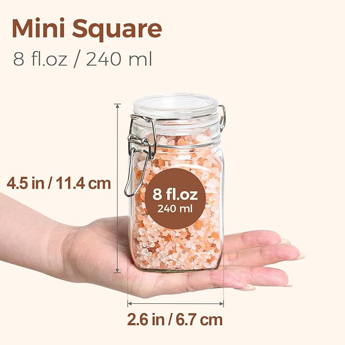 ComSaf Square Small 8 oz Glass Spice Jars with Airtight Lids 12 Pack Pantry | Jams herbs, Overnight oats, Pickling favors, Labels included, Funnel included, Pantry organization, Sourdough pickling