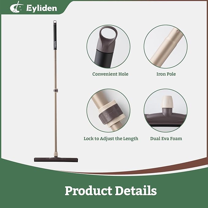 Eyliden Floor Squeegee for Water Removal, 17" EVA Dual-Layer Blade Dries Floors in One Pass, Long Handle, Scratch-Free Water Sweeper for Kitchen, Bathroom, Tile & Hardwood Floors
