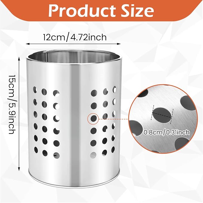 EORTA Stainless Steel Kitchen Utensil Holder Flatware Cylinder Silverware Draining Organizer Drying Rack with Round Drain Holes for Forks, Knives, Spoons, Chopsticks, Small
