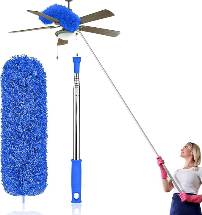 Dusters for Cleaning High Ceiling Fan, Microfiber Feather Duster with 30'' to 100'' Telescoping Extension Pole, Long Extendable Duster for Home Car Furniture Cobweb - Blue