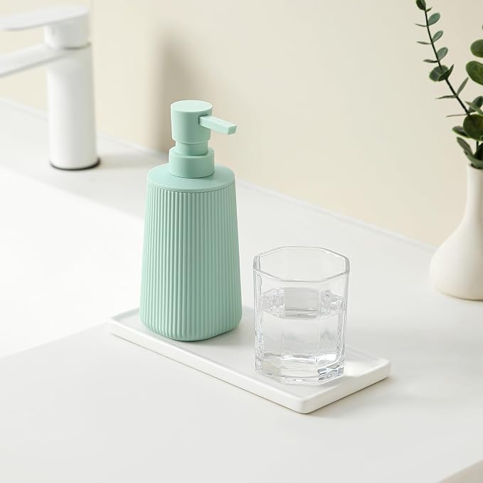 YAUKPH Small Soap Dispenser for Bathroom and Kitchen Matte Light Green | Modern Farmhouse Striped Style Plastic Hand Soap Dish Soap Dispenser with Pump