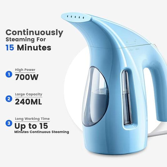 HiLIFE Steamer for Clothes, Portable Handheld Design, 240ml Big Capacity, 700W, Strong Penetrating Steam, Removes Wrinkle, for Home, Office(ONLY FOR 120V) (Blue)