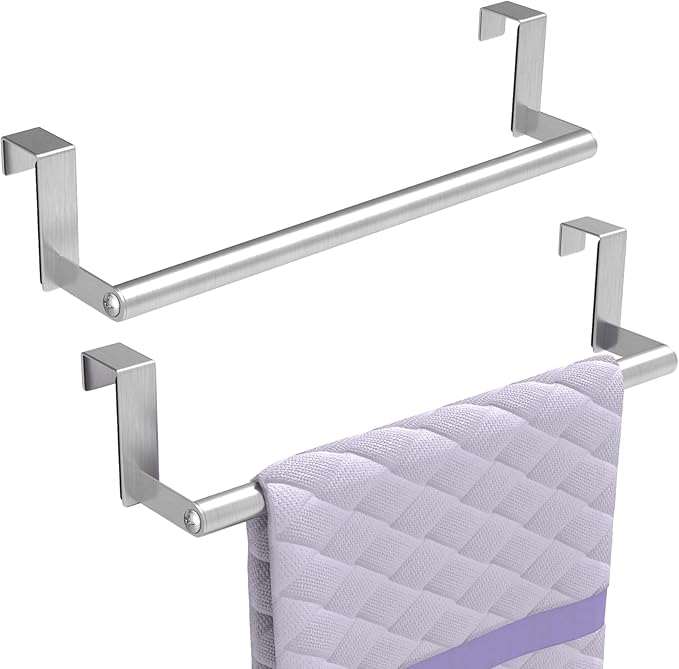 STWWO Over the Door Towel Rack, Kitchen Towel Holder Over Cabinet Door Towel Bar Stainless Steel for Cupboard for Kitchen Dish Towel Holder Hanger Rv Towel Rack, 2 Pack (Brushed Nickel)