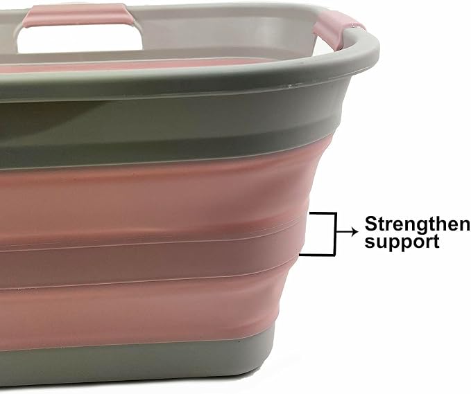 SAMMART 30L (8 gallon) Collapsible Plastic Laundry Basket-Foldable Pop Up Storage Container/Organizer-Portable Washing Tub-Space Saving Hamper/Basket (1, Grey/Pale Pink)