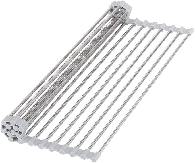 Hhyn Roll-Up Sink Drying Rack 17.7"(L) x 13.8"(W) - Multipurpose Heat Resistant Over The Stainless Steel & Silicone Dish Rollable Kitchen Drainer, Gray
