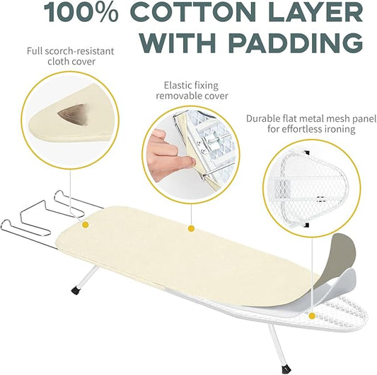 Metal Small Ironing Board Tabletop 31x12, RAINHOL Countertop Mini Iron Board Foldable with Cotton Cover and Pad, Portable and Compact for Travel, Dorms and Small Space
