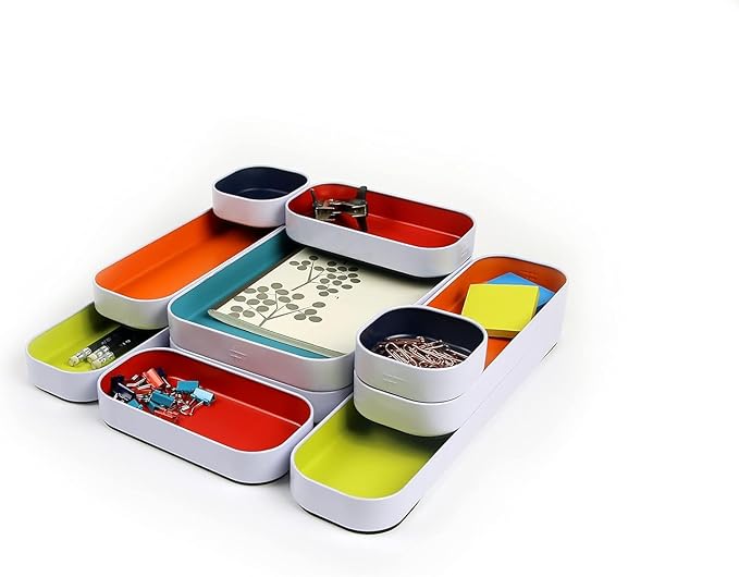 Three by Three Seattle Metal Drawer Organizer Tray Set, 10-Pc (Assorted) | Colorful food-safe metal bins; soft non-scratch base; organize utensils, makeup & supplies across every room