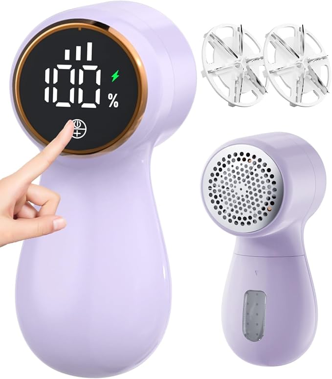 Rechargeable Fabric Shaver,Lint Remover, 3-Speed Sweater Shaver with LED Display, 2 Replaceable Stainless Steel 6-Blade Heads for Clothes, Sweaters, Furniture, Lint Balls and Fabric Pilling