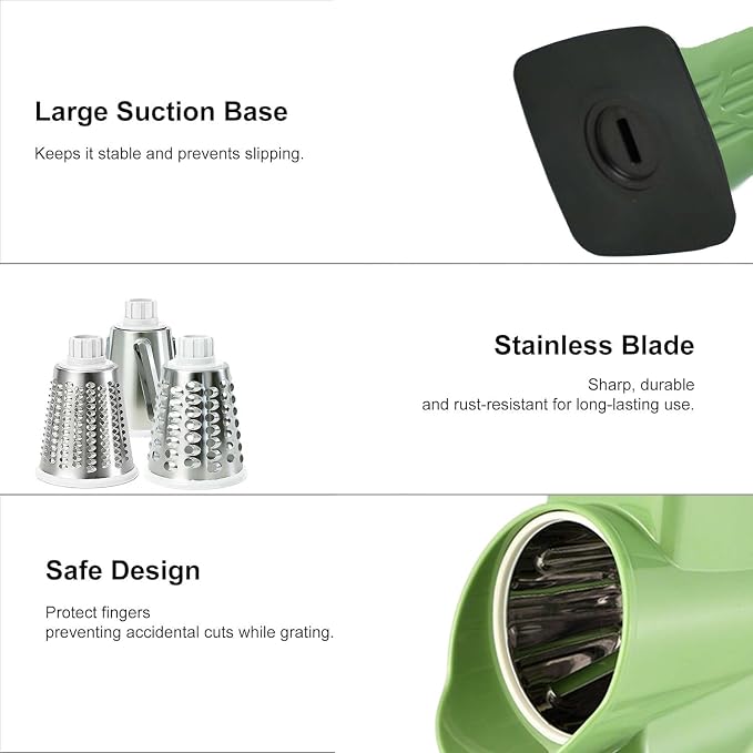 3-in-1 Manual Rotary Cheese Grater & Vegetable Slicer, Round Mandoline Food Chopper with 3 Interchangeable Blades, Strong Suction Base Hand Crank Grater for Cheese, Potato, Nuts & Veggies