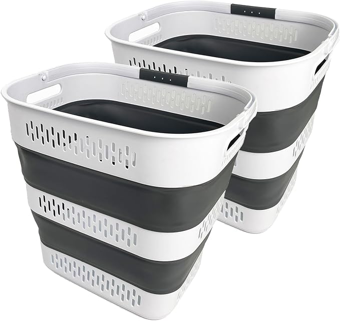 SAMMART 40L (10.5 Gallon) Collapsible Plastic Laundry Basket with Handles - Foldable Pop Up Storage Container/Organizer - Portable Laundry Hamper - Space Saving (2, White/Steel Grey)