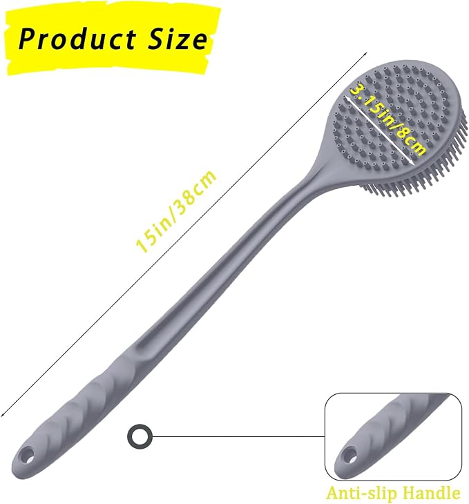 Silicone Back Scrubber for Shower, 17in Lengthen Long Handle Body Brush, Double Sided Shower Brush for Shower Exfoliating and Massage,Includes 2 Hooks(Grey)